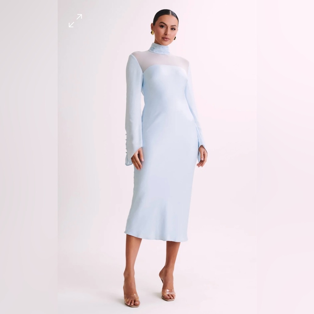 Meshki Patricia High Neck Satin Midi Dress - Powder Blue